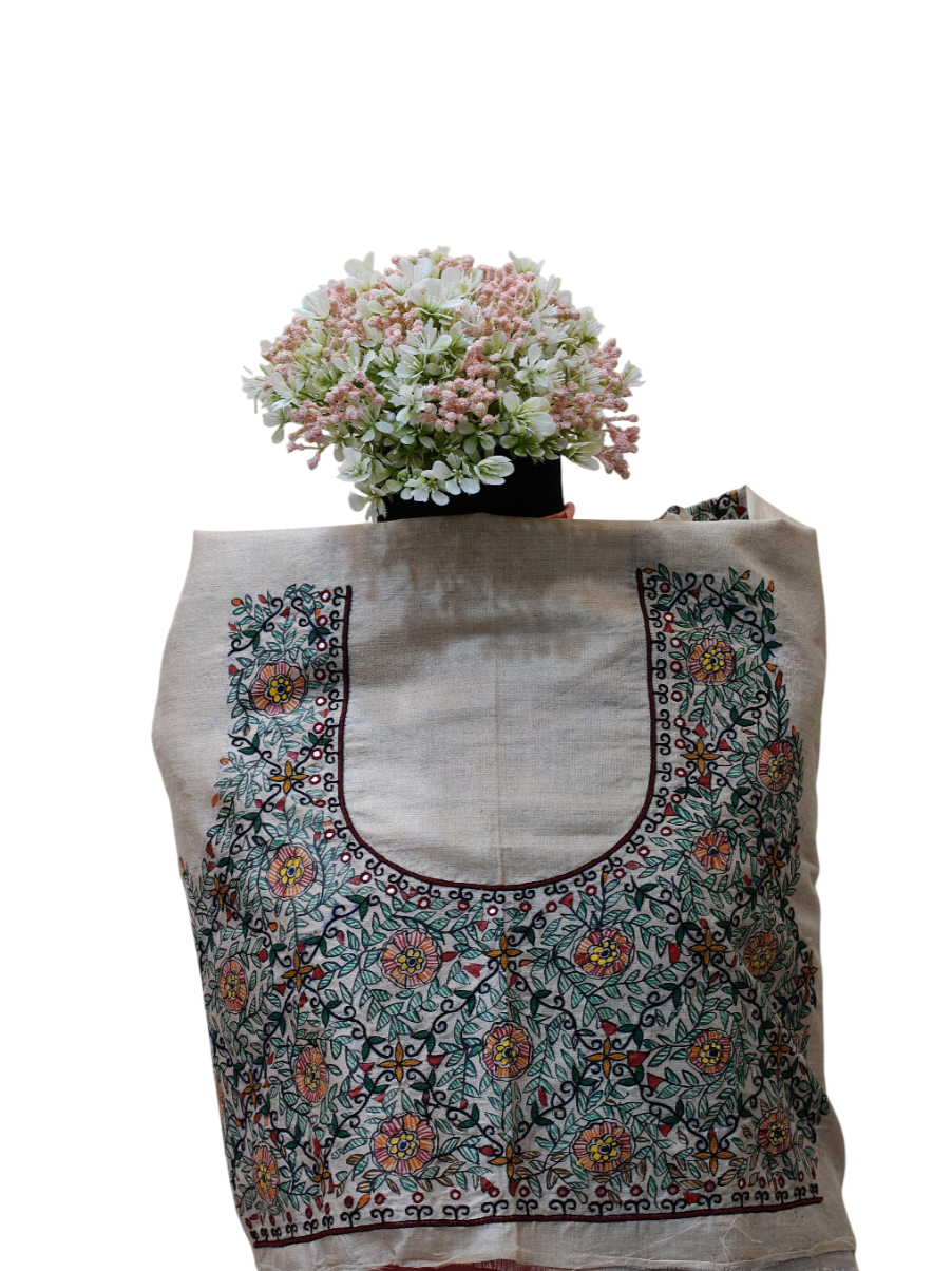 Hand-painted Madhubani Blouse Piece with Hand Embroidery - Floral